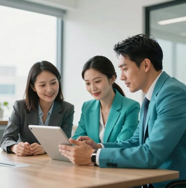 Candid photography of a high-level strategic meeting between a consultant and a couple in a bright, modern North American office. They are looking at a tablet together, appearing focused and satisfied. Lighting is clean and vibrant, incorporating tones of vibrant teal.