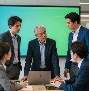 A sophisticated North American urban office setting where a team is collaborating around a screen. The environment is vibrant teal and royal green, featuring diverse professionals in smart business attire engaging in a high-level discussion.