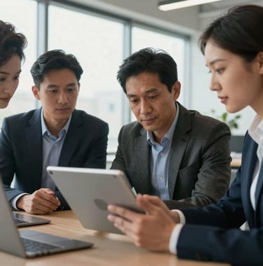 A close-up of a diverse group of North American professionals in a brightly lit, modern office space with large windows, wearing professional business attire and collaborating over a digital tablet, conveying forward-thinking expertise.