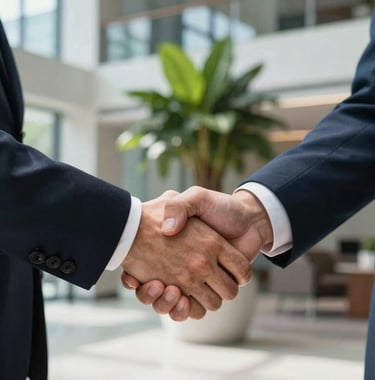 A close-up of two professionals shaking hands firmly in a modern corporate lobby in the US. The background is slightly out of focus, showing architectural glass and rich royal green indoor plants. High-contrast, dynamic, and professional style.