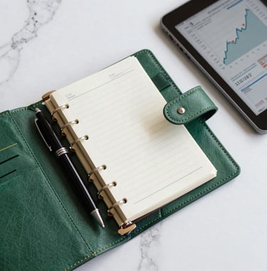 A clean, top-down photograph of a leather-bound planner, an expensive pen, and a tablet showing financial growth charts. Set on a white marble surface with royal green and electric gold accents.