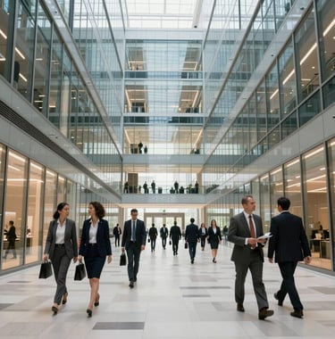 A wide shot of a contemporary US business center with high ceilings and glass walls. Professionals are walking with purpose through a bright, open space that feels dynamic, credible, and premium.