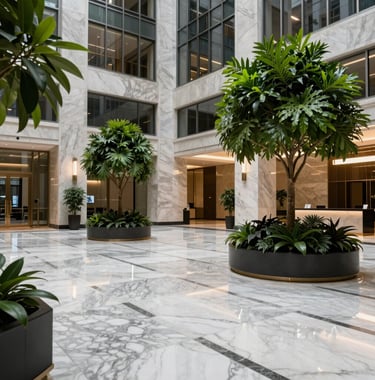 A sophisticated, clean architectural shot of a high-end corporate building lobby in a major North American city, featuring marble floors and vibrant green indoor plants, reflecting a premium and credible corporate environment.