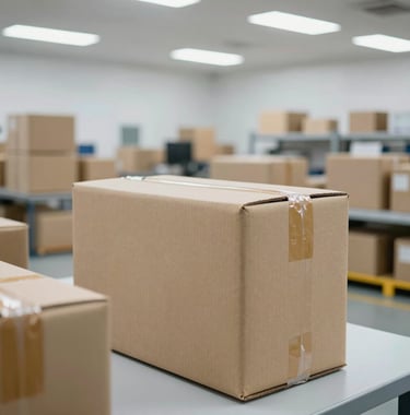 Professional high-end photography of a clean and organized e-commerce logistics hub in India. The focus is on a perfectly packed parcel with a clean background, lit by bright, cool corporate lighting to signify efficiency and trust.