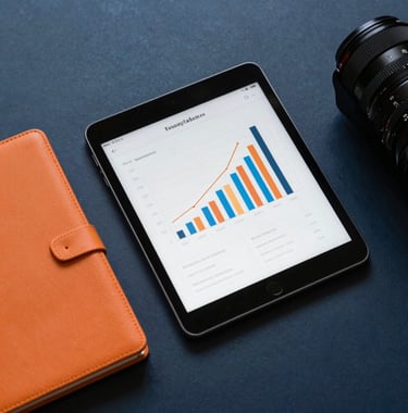 A top-down professional shot of a modern desk with a tablet showing business growth graphs and an orange notebook, set against a dark blue background.
