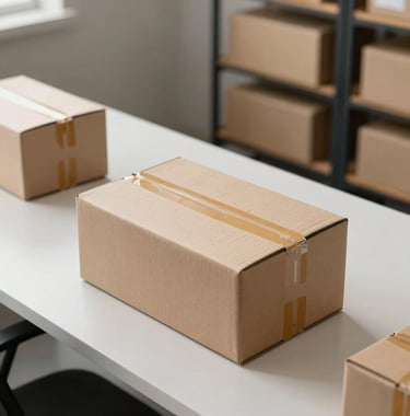 A clean, high-angle shot of branded e-commerce packaging boxes sitting on a polished white desk in a modern warehouse office, professional studio lighting highlighting efficiency.