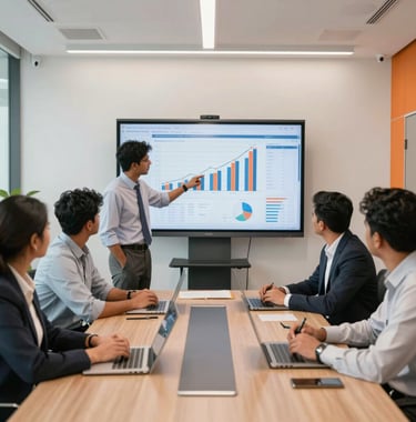 A collaborative meeting in a modern South Asian corporate boardroom, with professionals reviewing sales growth charts on a large screen, bright and airy office atmosphere with orange accent decor.