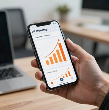 A close-up of a professional hand holding a sleek smartphone displaying a dynamic e-commerce sales dashboard with rising orange growth bars, set against a blurred modern office background.