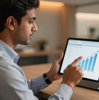 A professional close-up photograph of a South Asian business leader in a corporate setting, pointing at a tablet screen displaying a sales growth chart. The lighting is soft and warm, with subtle orange accents in the modern background decor.