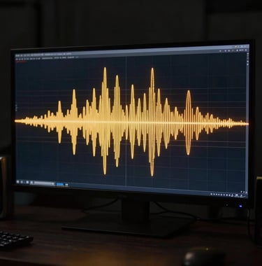 A digital radio frequency wave displayed on a high-resolution screen in a dark studio, glowing with gold colors.