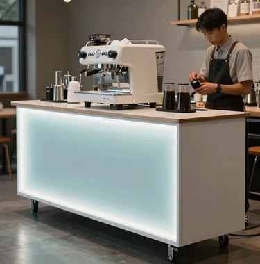 A sleek modular mobile bar with glowing LED strips in soft blue and white, a minimalist espresso machine on top, professional baristas in modern attire, North American / Urban.