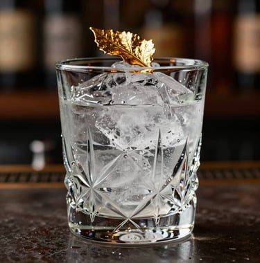 Cinematic close-up of a crystal glass with clear ice and a branded gold leaf garnish, set against a dark moody bar background with amber lighting, North American / Urban.