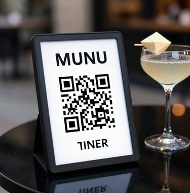 Close-up of a branded QR-based digital menu card on a polished black glass surface next to a sophisticated cocktail with a custom geometric garnish. Sharp urban evening lighting.