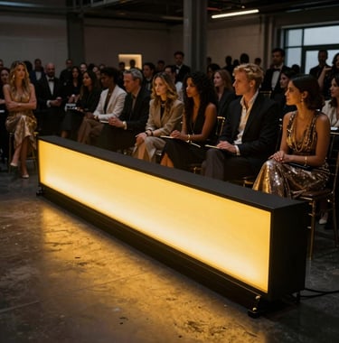 A modular LED bar glowing in vibrant yellow, surrounded by a crowd of stylish guests in a dark, high-end North American urban warehouse venue. Cinematic lighting and luxury vibe.