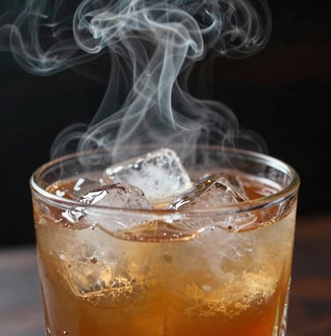 Macro shot of a signature cocktail being infused with wood smoke under a glass cloche, dramatic cinematic lighting, rich textures of ice and vapor, North American / Urban.