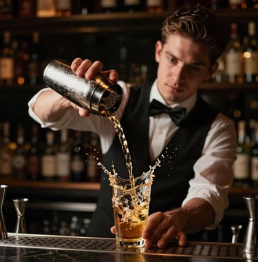 A cinematic shot of a bartender performing a subtle, professional flair move with a shaker in a dark, luxury club environment. A splash of gold liquid is captured in mid-air against deep shadows.