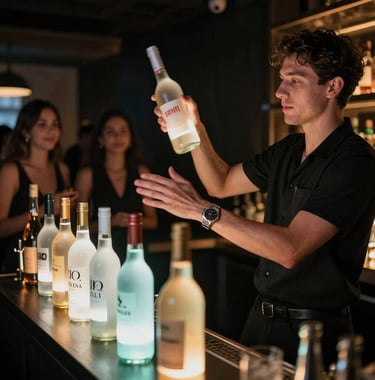 A dynamic flair bartender performing an interactive show with glowing bottles in an exclusive dark-toned members club. Subtle motion blur on the bottles, North American urban socialites in the background.