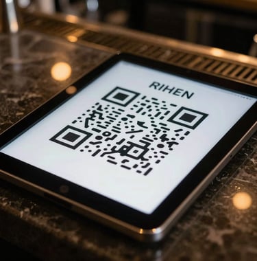 Close-up of a digital QR-based menu displayed on a sleek glass tablet at a modern bar in a North American / Urban lounge. Subtle reflections of warm gold lights dance on the surface. Minimalist and luxurious atmosphere.