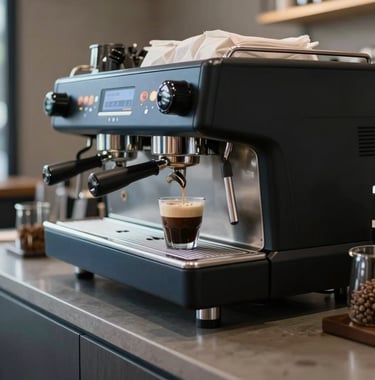 A stylish barista preparing a premium espresso drink at a minimalist matte black and steel blue coffee station in a North American / Urban setting. Professional, tech-forward aesthetic.