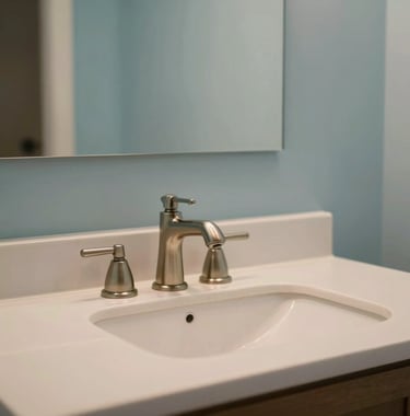 Close-up photography of a custom-designed bathroom vanity in a North American home. The vanity features a soft beige countertop, a brushed nickel faucet, and a minimalist mirror reflecting a soft aqua blue wall. The lighting is warm and elegant.