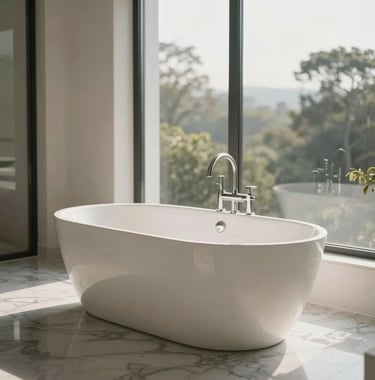 A serene photograph of a freestanding white soaking tub positioned next to a large window in a high-end Los Angeles residence. The floor is a polished marble gray, and the morning light creates a peaceful, luxury spa aesthetic.