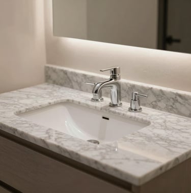A close-up photograph of a custom bathroom vanity in a luxury Los Angeles home. Features a thick marble gray countertop, twin under-mount sinks, and elegant minimalist fixtures against a soft beige wall.