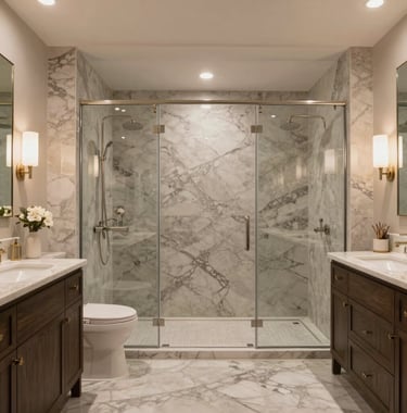 A wide shot of a completed luxury bathroom remodel in Los Angeles. The room exudes serenity with a palette of marble gray and soft beige, featuring a large walk-in shower and elegant atmospheric lighting.