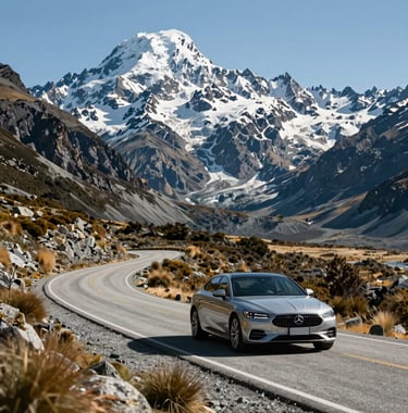 A luxury sedan driving along the scenic winding roads near Aoraki Mount Cook, captured from a distance to show the vast, majestic landscape and the serenity of the South Island, Oceania / New Zealand.