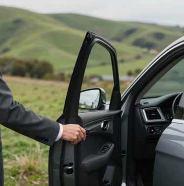 Close-up of a professional driver in a charcoal suit opening a car door for a passenger, with the lush green hills of the Canterbury region in Oceania / New Zealand softly blurred in the background.