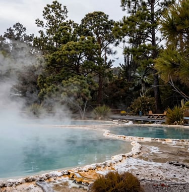 The thermal pools of Hanmer Springs surrounded by tall pine trees and mist, captured in a calm, inviting style that emphasizes relaxation and natural beauty in Oceania / New Zealand.