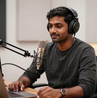 A cinematic photograph of a modern South Asian / Indian podcast studio, with crisp white acoustics and dark charcoal furniture. Warm bronze lighting illuminates a high-quality microphone and headphones.