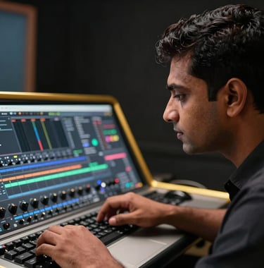 A close-up shot of an industry professional in a South Asian / Indian studio environment, looking intently at a high-end editing console. The room is dark with sharp metallic gold rim lighting highlighting the profile.