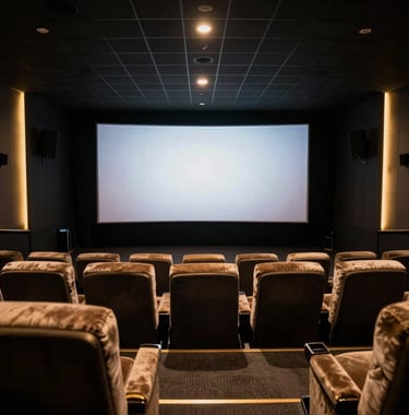 An interior shot of a luxury 'Tent Cinema' localized for a South Asian / Indian setting. Plush seating faces a large screen, with ambient gold lighting casting soft shadows in a premium, pitch black auditorium.