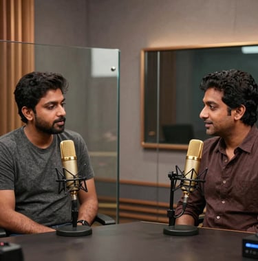 A cinematic medium shot of a podcast recording session in a high-end South Asian / Indian studio. Two professionals are speaking into gold-colored microphones, with glassmorphism partitions and warm bronze accent lighting in the background.