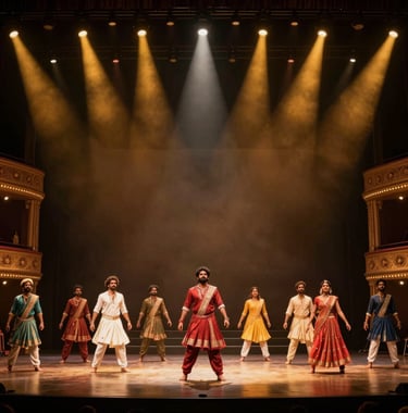 A dramatic wide-angle shot of a live cinematic stage performance in a grand South Asian / Indian theater. Performers are captured in motion under brilliant gold spotlights against a deep charcoal stage.