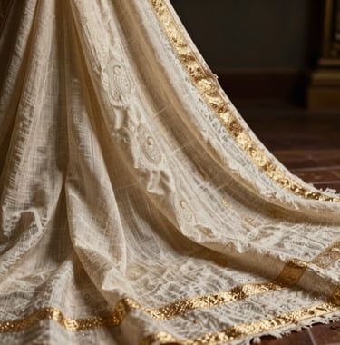 A high-fashion shot of an authentic handcrafted South Asian / Indian textile being held up, reflecting a premium e-commerce aesthetic. Rich textures and subtle metallic gold threads visible.