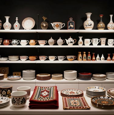 A vibrant but sophisticated gallery shot of South Asian / Indian handcrafted goods in a premium store setting. The background is pitch black, making the textures of the arts and crafts pop under soft white light.