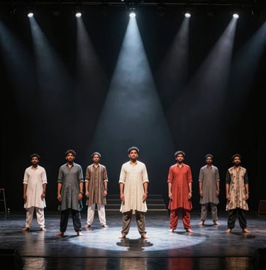 A dramatic wide shot of a live cinematic stage performance in a South Asian / Indian theatre. Actors are in focus with spotlighting, creating high-contrast shadows on a pitch black stage.