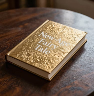 A luxury edition of a 'New-Age Fairy Tale' book lying on a dark wooden table in a South Asian / Indian home. The cover has metallic gold embossing and crisp white title text.