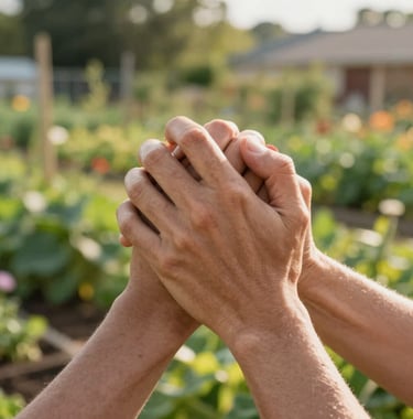 Close-up photography of hands clasping in a supportive gesture, set against a backdrop of a warm, sunlit North American community garden. The focus is on the connection and empathy between two individuals.
