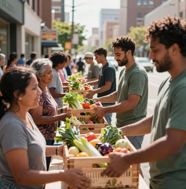 Candid photography of a food distribution event in a North American city. Volunteers are handing out crates of fresh produce to local families. The lighting is bright and optimistic, emphasizing a sense of community unity.