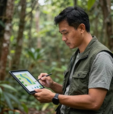 A professional Southeast Asian environmentalist in a dark green vest, standing in a forest, looking at a digital tablet showing topographic maps and data charts, natural daylight.