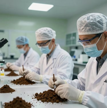 A photograph of a modern laboratory in Indonesia where researchers are analyzing soil samples from the forest, sterile environment, off-white and green accents.