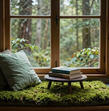 An atmospheric photo of a cozy reading nook in an eco-lodge, with a large window overlooking a forest and several books on a small table. Soft moss green and pale mint color palette.