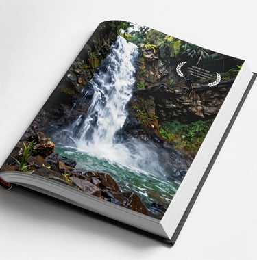 A high-quality open book showcasing a professional photo of a hidden waterfall. The page edges are crisp and clean. Natural lighting.