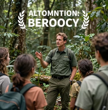 A lifestyle photograph of a professional guide explaining local ecology to a small group of travelers in a lush forest setting. The guide wears a muted forest green uniform, and the scene exudes trust and expertise.