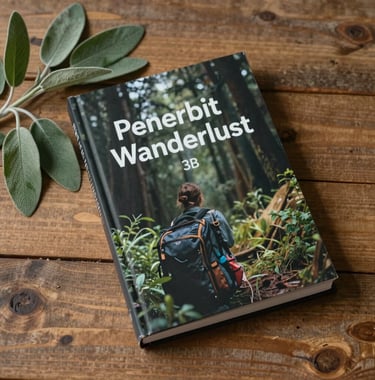 A professional flat-lay photograph of a high-quality travel book with 'Penerbit Wanderlust' on the cover, resting on a rustic wooden table next to a sprig of sage green leaves. The lighting is soft and natural.