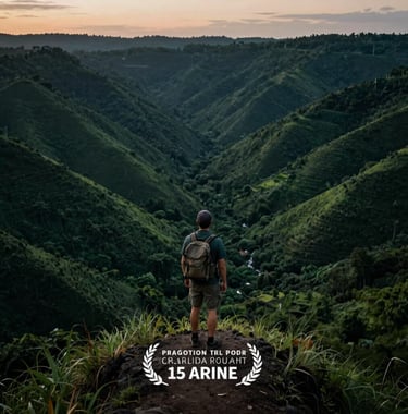 A solo traveler standing on a ridge looking over a lush green valley at dusk. Deep charcoal green forest in the distance. Cinematic and atmospheric.