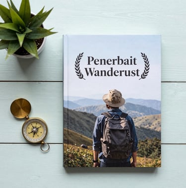An aesthetic flat-lay of travel essentials: a high-quality published travel book from Penerbit Wanderlust, a vintage compass, and a small potted plant on a pale mint wooden surface.