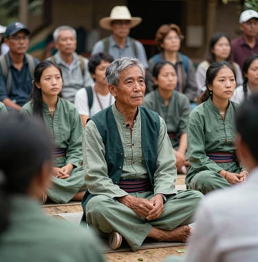 A sharp, vibrant photo of a local cultural ceremony being observed by respectful travelers. The image captures the authentic spirit of sustainable travel with muted sage and deep slate green tones.